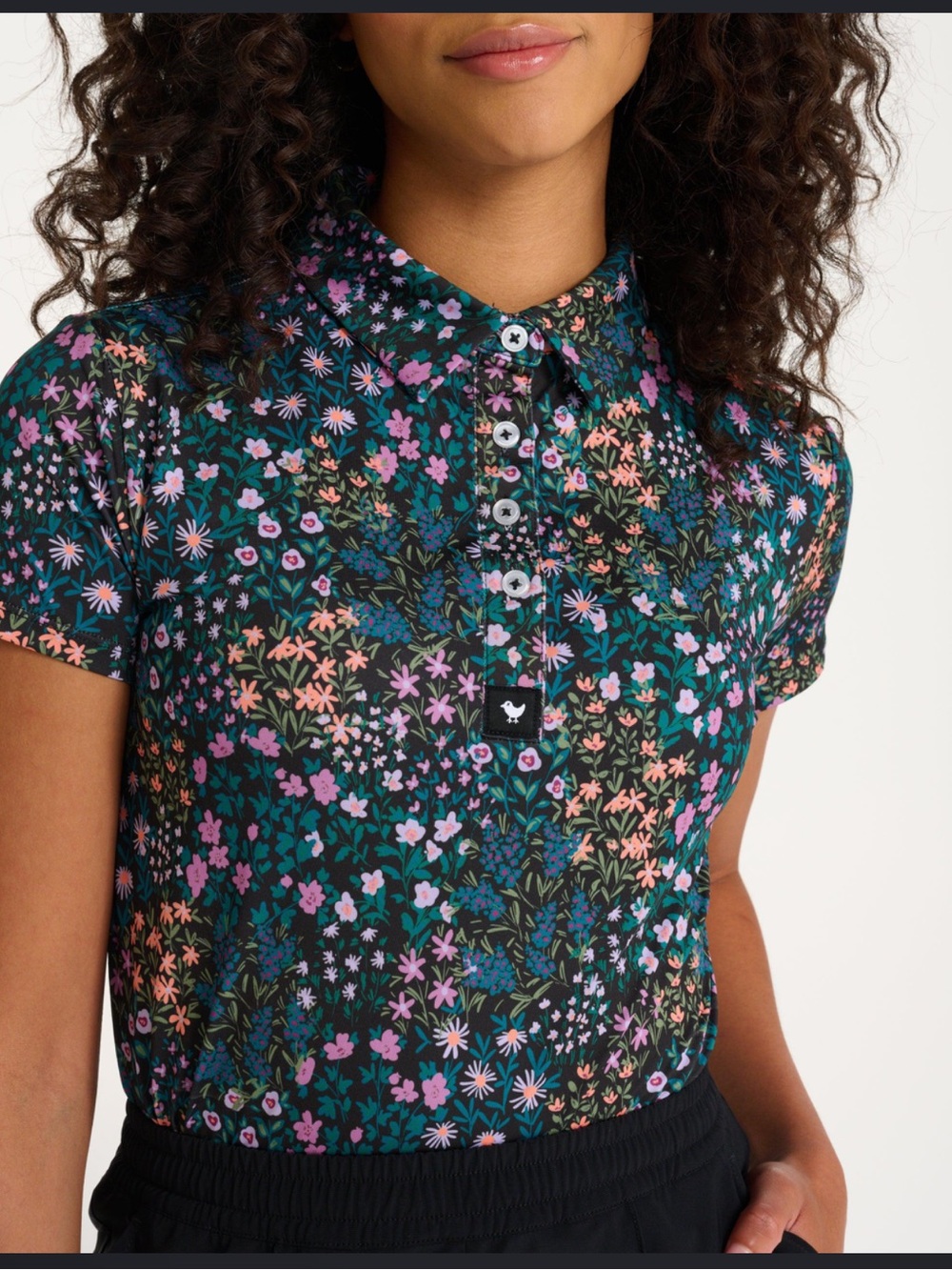 Bad Birdie Black Floral Polo with Pink, Teal & Purple Accents